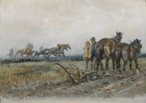 Versenylovak az edzésen szántók által figyelve (wc és gouache a fedélzeten)