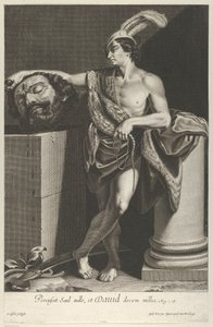 Dávid keresztbe tett lábbal áll, és Góliát fejét tartja egy talapzaton, kb. 1635-45.