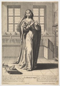 Dialektika: egy díszített belső térben álló fiatal nő, aki megérinti a jobb indexét ..., 1633-35.
