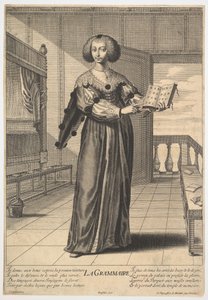 Nyelvtan: díszített belső térben álló fiatal nő, baljában nyitott könyvvel..., 1633-35.