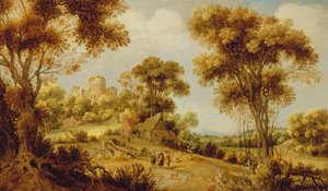 Egy kiterjedt erdős táj Krisztussal az emmausi úton, 1609-29 körül