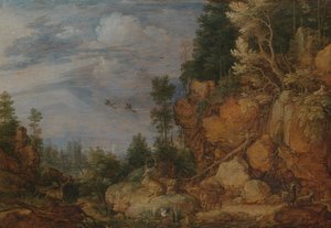 Sziklás táj szarvasokkal és kecskékkel alkotó: Gillis Claesz de Hondecoeter
