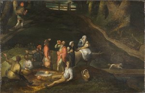 Paysage avec la Sainte Famille - Táj a Szent Családdal, Mostaert, Gillis (1534-1598). Olaj, fa alkotó: Gillis Mostaert