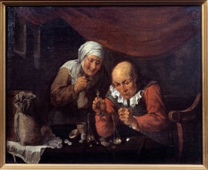 A kapzsi öreg pár mérlegeli vagyonát. Gillis Van Tilborgh (vagy Tilborch) festménye