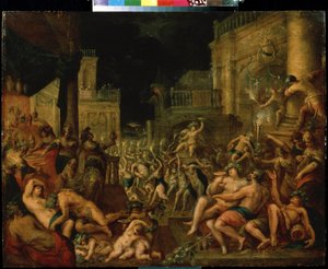 Midas lakomája Bacchus és Silenus tiszteletére. Gillis van Valckenborch (1570-1622) festménye. Olaj, fa, Mérete: 61,6 x 78,7 cm Flamand barokk stílusú műalkotás. Puskin Szépművészeti Múzeum, Moszkva. alkotó: Gillis van Valckenborch