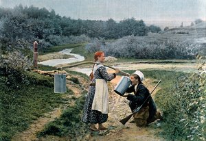 Egy vadász italt vesz egy fiatal nőtől, Oroszország, 1890
