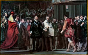 II. Fülöp spanyol elismeri IV. Henriket francia királyként Gillot Saint Evre festménye (1791-1858) 1837 V. 0,17x0,71 m
