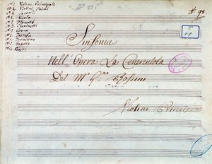 Gioachino Rossini Hamupipőke vagy a Jóság diadala című szimfóniájához írt hegedű partitúrájának címlapja alkotó: Gioachino Rossini