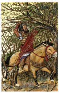 Absalom (vagy Avshalom, Absalom), Dávid fiának ábrázolása, Efraim erdejében, haját egy tölgyfa ágai közé szedik. alkotó: Giorgio Albertini