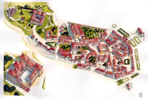 Guimaraes városának légi látképe: balra a 11. században épült vár és kolostor. Portugália. Illusztráció: Giorgio Albertini. (A szerző műveinek felhasználásához nem szükséges harmadik fél engedélye vagy t alkotó: Giorgio Albertini