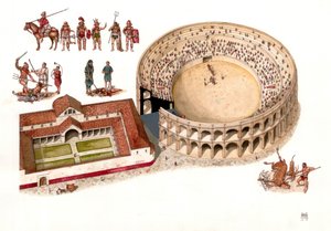 Az ókori Róma: Amiternum város amfiteátrumának rekonstrukciója az olaszországi Abruzzóban, az Aquila mellett. Kr. u. 1-2. század. Balra fent különböző gladiátoröltözetek és az arénában zajló harcok jelenetei. Illusztráció: Gior