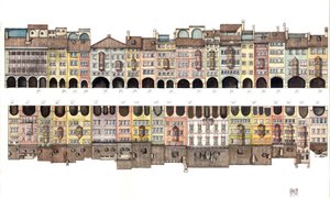 Építészet: a Via dei Portici, fedett galéria oszlopcsarnokkal, színes házakkal együtt, Bolzano városából, Olaszország Illusztráció: Giorgio Albertini. (A szerző műveinek felhasználásához nem szükséges engedélykérelem a következő szervtől alkotó: Giorgio Albertini