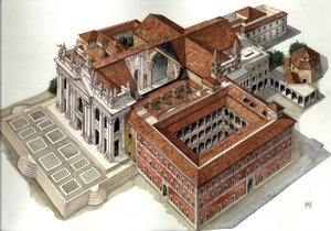 Barokk építészet: a Lateráni Szent János-bazilika (Lateráni Szent János vagy San Giovanni in Laterano) rekonstrukciója (17-18. század) Róma Giorgio Albertini illusztrációja. (A szerző műveinek felhasználása nem engedélyköteles. alkotó: Giorgio Albertini