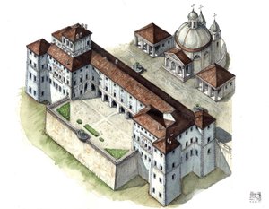 Barokk művészet: a Lazio állambeli Chigi a Ariccia palotájának légióképes nézete a 17. században. Olaszország alkotó: Giorgio Albertini