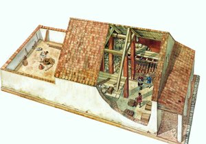 Bizánci építészet: a Classe dokkok területének, Ravenna város kikötőjének (Ravenna) Class raktárának, raktárának rekonstrukciója Justinianus császár idején. Olaszország 7. század. Az épületrészlet lehetővé teszi a tárolt áruk megtekintését. alkotó: Giorgio Albertini