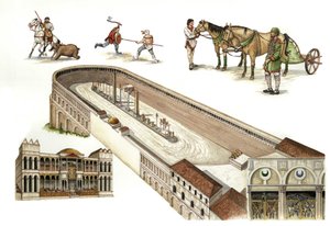 Bizánc: a konstantinápolyi versenypálya rekonstrukciója, a római cirkuszhoz hasonló aréna a tankversenyekhez, amelyet I. Konstantin építtetett a 4. században. A pálya közepén obeliszkek és oszlopok szolgálnak díszítésül. Jelenlegi Isztambul, Törökország