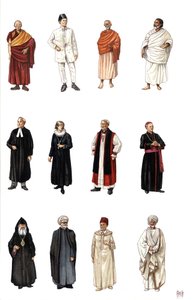 A különböző vallások papságának tagjainak jelmezei és ruhái, buddhista szerzetes, ortodox, bíboros, protestáns lelkész.