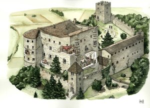 Középkori építészet: Pergine várának látványa, a vár 16. századi szobáiban a lakosok életét bemutató vágásokkal. Pergine Valsugana, Trento, Olaszország Illusztráció: Giorgio Albertini. (A szerző műveinek felhasználása alkotó: Giorgio Albertini