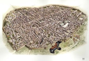 Középkor: a szíriai Damaszkusz légi látképe, amikor a város az Oszmán Birodalom része volt. alkotó: Giorgio Albertini