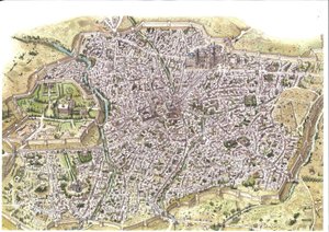 Középkor: Szamarkand (Samarkand) városának részletes légifelvétele, láthatóak a bástyák, Üzbegisztánban a mongol Chaybanid dinasztia idején. 1450 körül Közép-Ázsiában. Illusztráció: Giorgio Albertini. (A szerző műveinek felhasználása alkotó: Giorgio Albertini