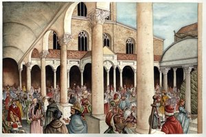 Középkor: fideles, pelerins, kereskedők és rómaiak a 13. században a római birodalomból származó ókori római Szent Péter-bazilika (Szent Péter vagy San Pietro-bazilika vagy Konstantin-bazilika) perisztiliumában (bejárat), Róma. alkotó: Giorgio Albertini