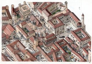 Középkor: a történelmi Barri Gotic (barrio gotico) negyed újjáalakulása Barcelonában a 14. században. Látható a Cathedrale Sainte-Eulalie (Szent Eulália katedrális). Spanyolország Giorgio Albertini illusztrációja. (A szerző műveinek felhasználása nem enged alkotó: Giorgio Albertini