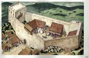 Középkor: Montsegur kathar várának rekonstrukciója (a 13. században készült el), Ariege, Franciaország. alkotó: Giorgio Albertini