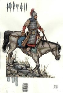 Középkor: a magyar nehézlovasság katonája. 9. század alkotó: Giorgio Albertini