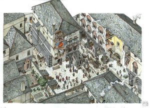Középkor: a genesi kereskedő nemesség palotájának (Curia vagy curia) látképe a 15. században, utcai jelenetek, Olaszország Giorgio Albertini illusztrációja.