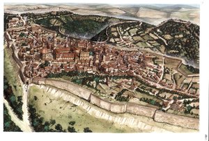 Középkor: Volterra középkori, bástyákkal körülvett városának látképe a 14. században. Toszkána. Olaszország Giorgio Albertini illusztrációja. (A szerző műveinek felhasználásához nem szükséges harmadik fél engedélye vagy t alkotó: Giorgio Albertini
