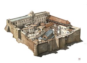 Az egyiptomi Sínai Szent Katalin ortodox kolostor áttekintése. Illusztráció: Giorgio Albertini. (A szerző műveinek felhasználása nem függ harmadik féltől származó engedélykérelemtől vagy további díjak megfizetésétől). alkotó: Giorgio Albertini