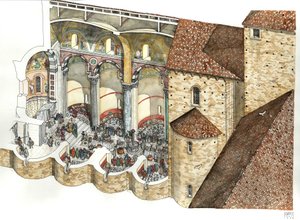 A Lateráni Szent János-bazilika (Lateráni Szent János vagy San Giovanni in Laterano) rekonstrukciója a 8. században: az építészeti kupa lehetővé teszi a triclinium és a pápai beiktatási szertartás megtekintését. Róma