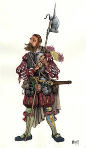 Lansquenet (Lanzknecht), egy német zsoldos ábrázolása, aki egy nagyúr szolgálatában áll. 16. század alkotó: Giorgio Albertini