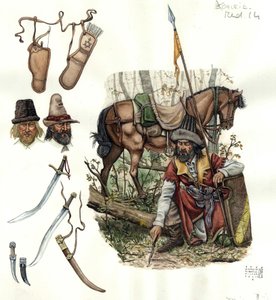 Az estradioták, könnyű zsoldos lovasok ábrázolása a 15. században. alkotó: Giorgio Albertini