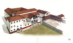 Roman Antiquite: a tengeri kikötő (domus di porta marina) helyének rekonstrukciója Ostia antica (ókori Ostia) városában a 4. században, Olaszországban. alkotó: Giorgio Albertini