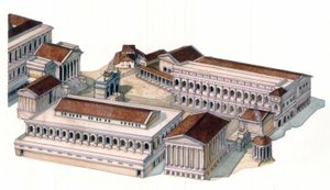 Roman antiquite: a római fórum (foro romano) újjáépítése Augustus császár (Caius Julius Caesar Octavianus Augustus) idején (Kr. e. 63-14). alkotó: Giorgio Albertini