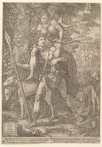 A vadászat allegóriája, egy vadász, aki egy nagy lándzsát tart, és egy nőt, Dianát visz a shou..., 1556. alkotó: Giorgio Ghisi