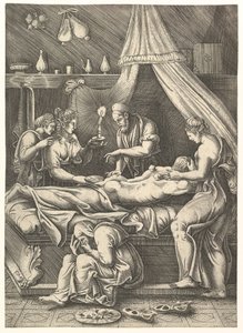 Betegség allegóriája, az ágyon fekvő ember alakokkal körülvéve, kb. 1540.
