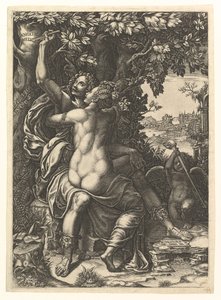 Angelica és Medoro, az ölelkező pár, Medoro a nevüket egy..., kb. 1570. alkotó: Giorgio Ghisi