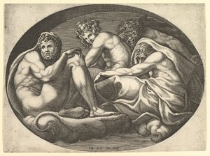 Herkules, Bacchus, Pán és Szaturnusz egy nyolc kompozícióból álló sorozatból, Francesco P... után, 1560-as évek. alkotó: Giorgio Ghisi
