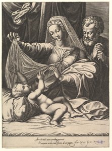 Loretói Madonna, a Szűz fátylat emel a Gyermek fölé, aki ágyon és párnán fekszik..., 1575. alkotó: Giorgio Ghisi