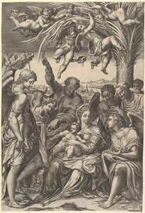 Pihenjen az Egyiptomba, a Szent Család egy pálmafa alatt, angyalokkal körülvéve, 1578-ban. alkotó: Giorgio Ghisi