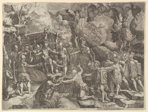 Sinon A trójaiak megtévesztése, 1540-es évek közepe. alkotó: Giorgio Ghisi