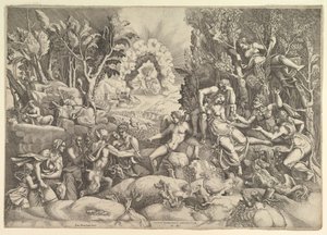Prokrisz halála, Cephalus gyászolja Prokrisz halálát a jobb oldalon körülvéve..., kb. 1540. alkotó: Giorgio Ghisi