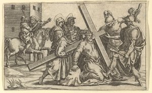 A Fájdalmak Szűza: keresztet hordozó Krisztus, az egyik a kilenc környező f... rekesz közül, 1575-re. alkotó: Giorgio Ghisi