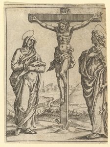 A Fájdalmak Szűze: A keresztre feszítés, egyike a kilenc környező rekesznek az V...-ből, 1575-re. alkotó: Giorgio Ghisi