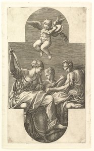 Három múzsa és egy puttó cintányérokkal, kereszt alakú kompozíció, nyolc kom... sorozatból, 1560-as évek. alkotó: Giorgio Ghisi