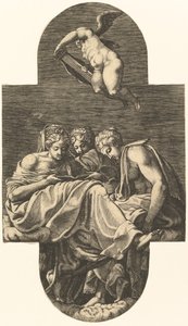 Három múzsa és fent egy puttó lírával, nyolc kompozícióból álló sorozatból a Fran... után, 1560-as évek. alkotó: Giorgio Ghisi