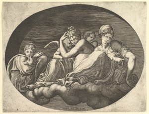 Vénusz és Ámor, két másik istennő és egy puttó, nyolc kompozícióból álló sorozatból, af..., 1560-as évek. alkotó: Giorgio Ghisi