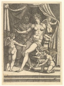 Vénusz és Vulkán egy ágyon ülve és három puttival, 1550-es évek közepe. alkotó: Giorgio Ghisi